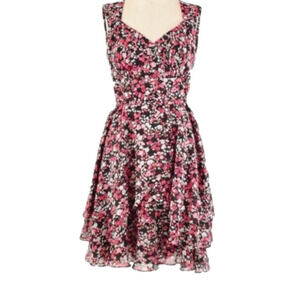 White House Black Market black with very berry pink floral satin ruffle dress
